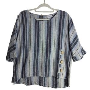 FOIL Sz8 Ws Linen Blue Gray Navy Stripes BigButtons accent Tunic Top Boho Hippie